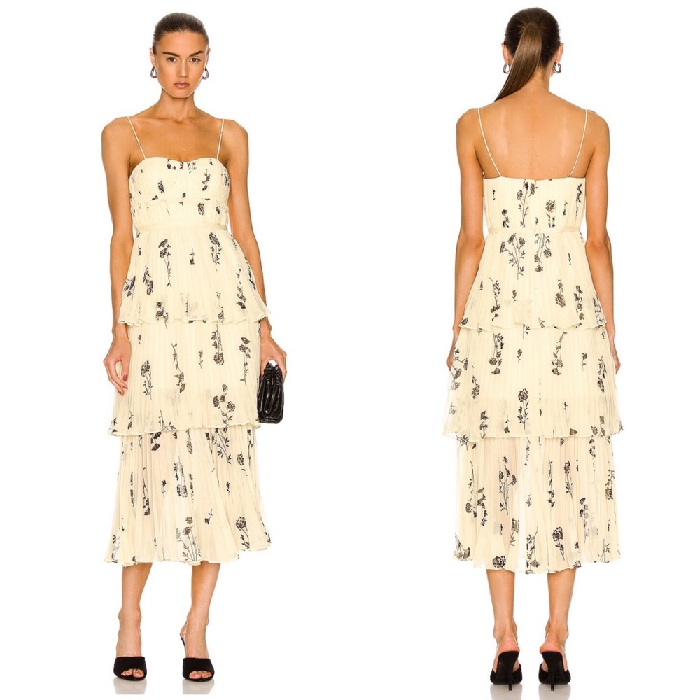 Self Portrait Yellow Floral Silhouette Chiffon Tiered Midi Dress Pastel Yellow - Picture 2 of 15